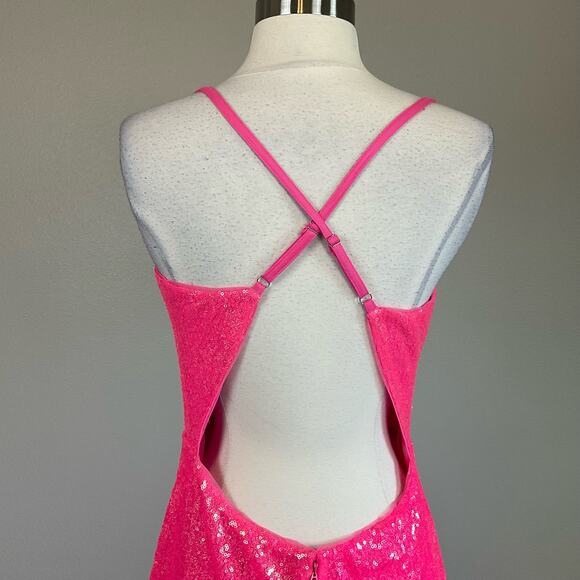 Pink Sequined Backless Evening Gown Size 14 Sleeveless Thigh Slit Formal by AQUA - Picture 7 of 11